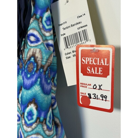 Women's Plus Size 0X  14/16 Costa Del Sol  Fringed Swim Tankini Top blue New - Picture 4 of 7